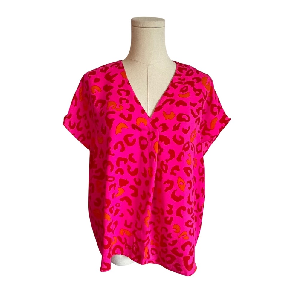 JODIFL Hot Pink Leopard Print V-Neck Blouse Short Sleeve Top Women's Small
